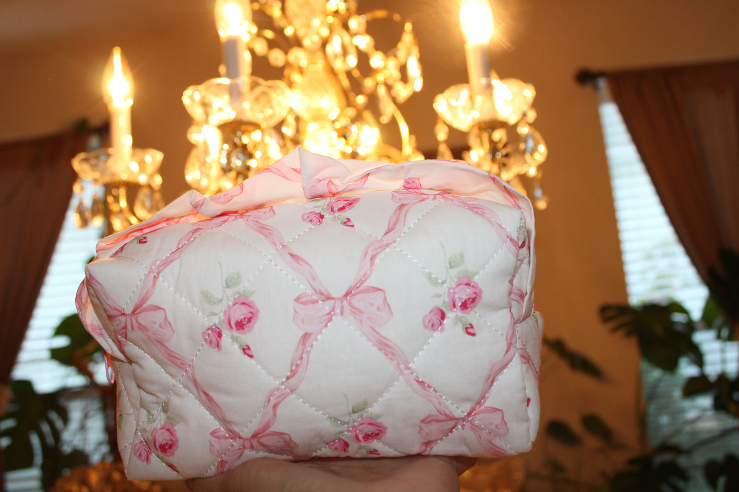 PINK BOW WITH WHTIE CREAM Cosmetic Bag , Unisex, Perfect for Travel and Daily